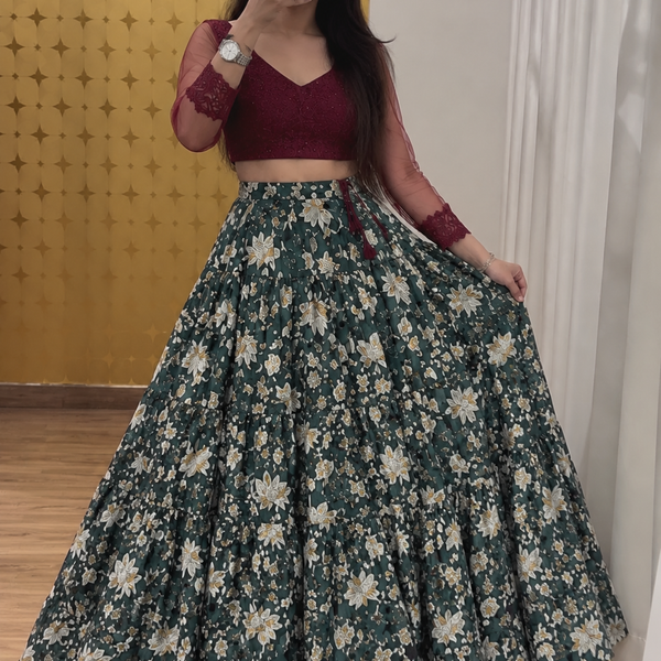 🌿 Bottle Green Floral Chaniya Choli-FREE SIZE