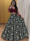🌿 Bottle Green Floral Chaniya Choli-FREE SIZE