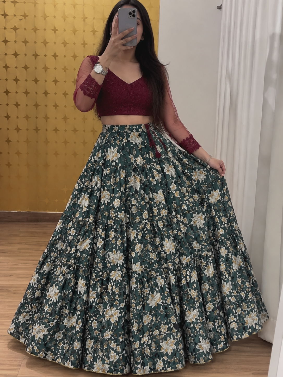 🌿 Bottle Green Floral Chaniya Choli-FREE SIZE