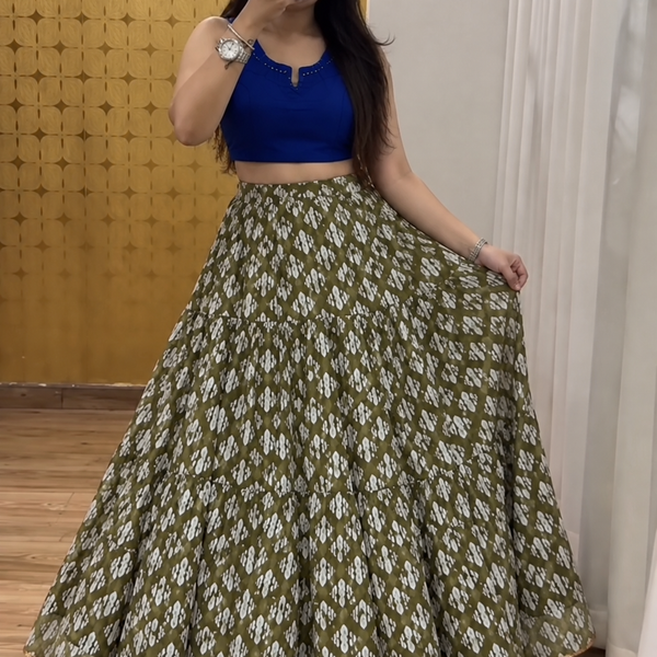 💙 Olive Green Printed Chaniya Choli – Festive Collection-FREE SIZE