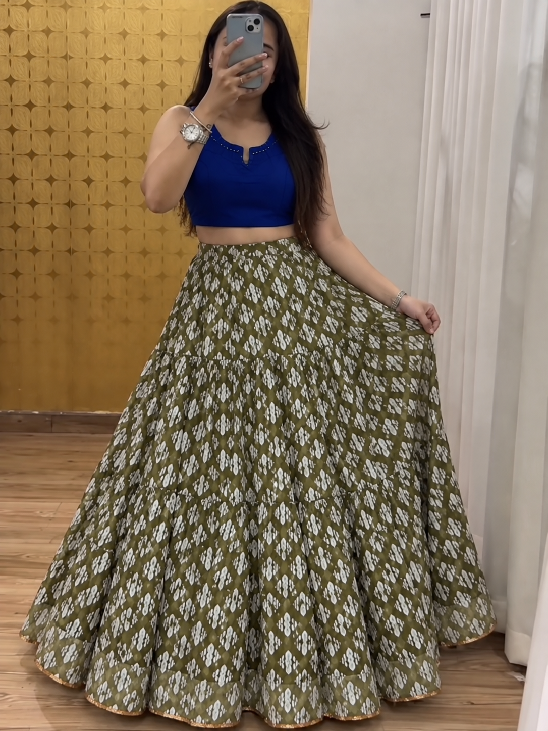 💙 Olive Green Printed Chaniya Choli – Festive Collection-FREE SIZE