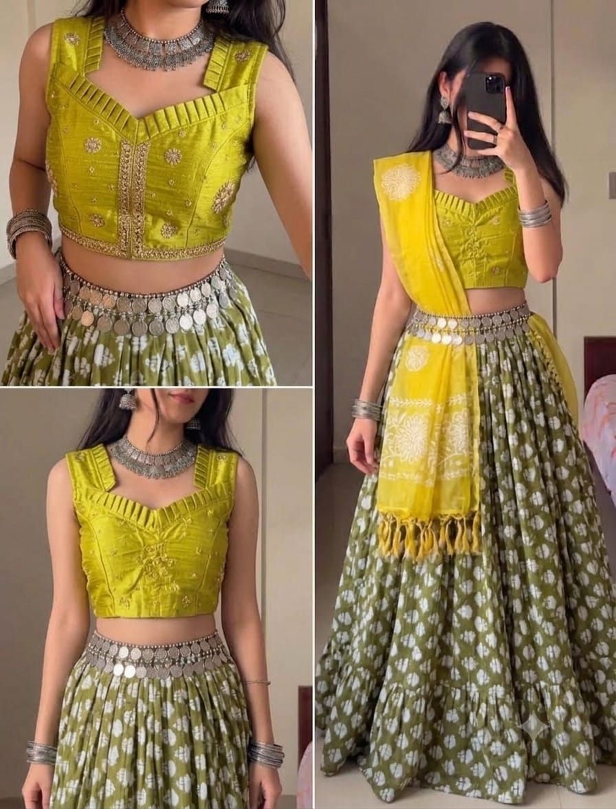 💚 Olive Green Printed Chaniya Choli-FREE SIZE