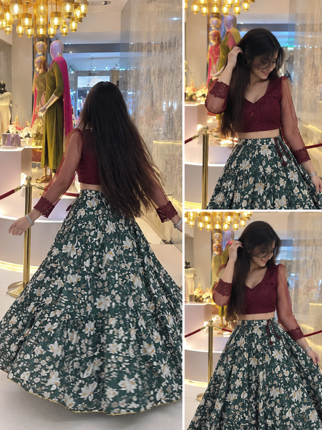 🌿 Bottle Green Floral Chaniya Choli-FREE SIZE