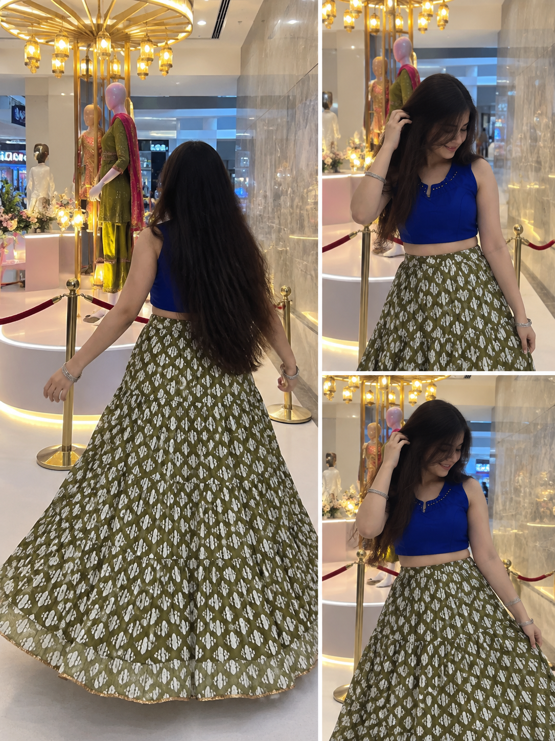 💙 Olive Green Printed Chaniya Choli – Festive Collection-FREE SIZE