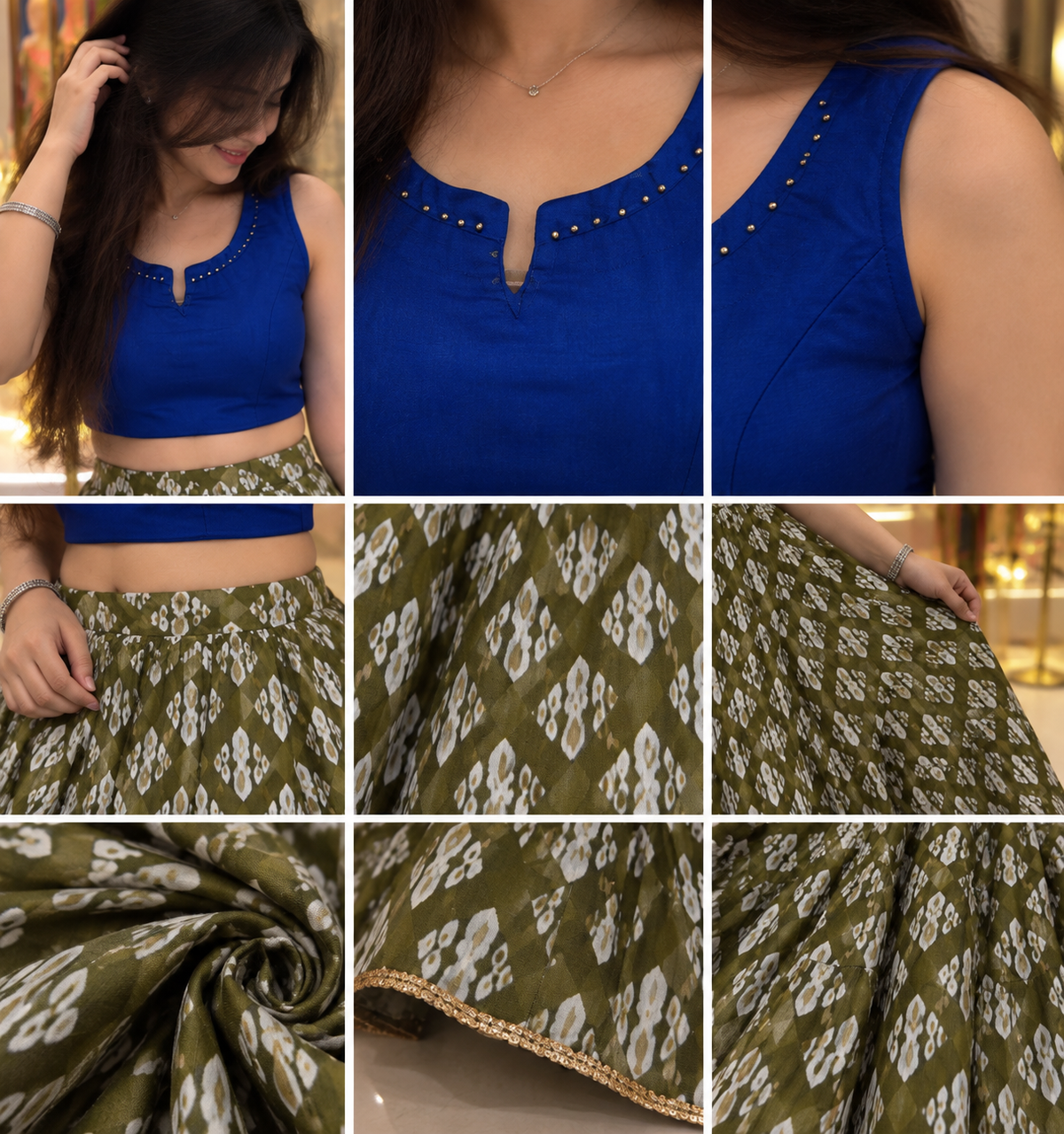 💙 Olive Green Printed Chaniya Choli – Festive Collection-FREE SIZE