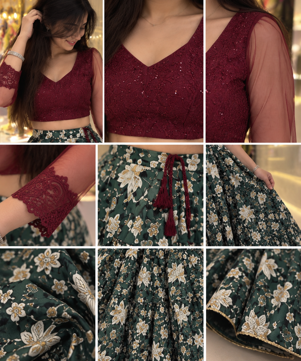 🌿 Bottle Green Floral Chaniya Choli-FREE SIZE