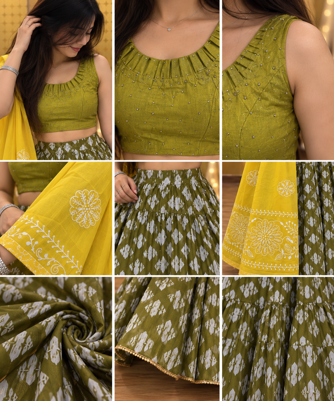 💚 Olive Green Printed Chaniya Choli-FREE SIZE