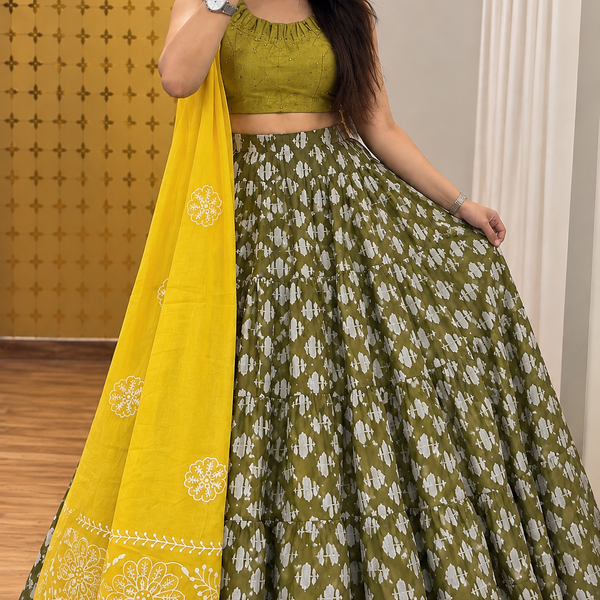 💚 Olive Green Printed Chaniya Choli-FREE SIZE