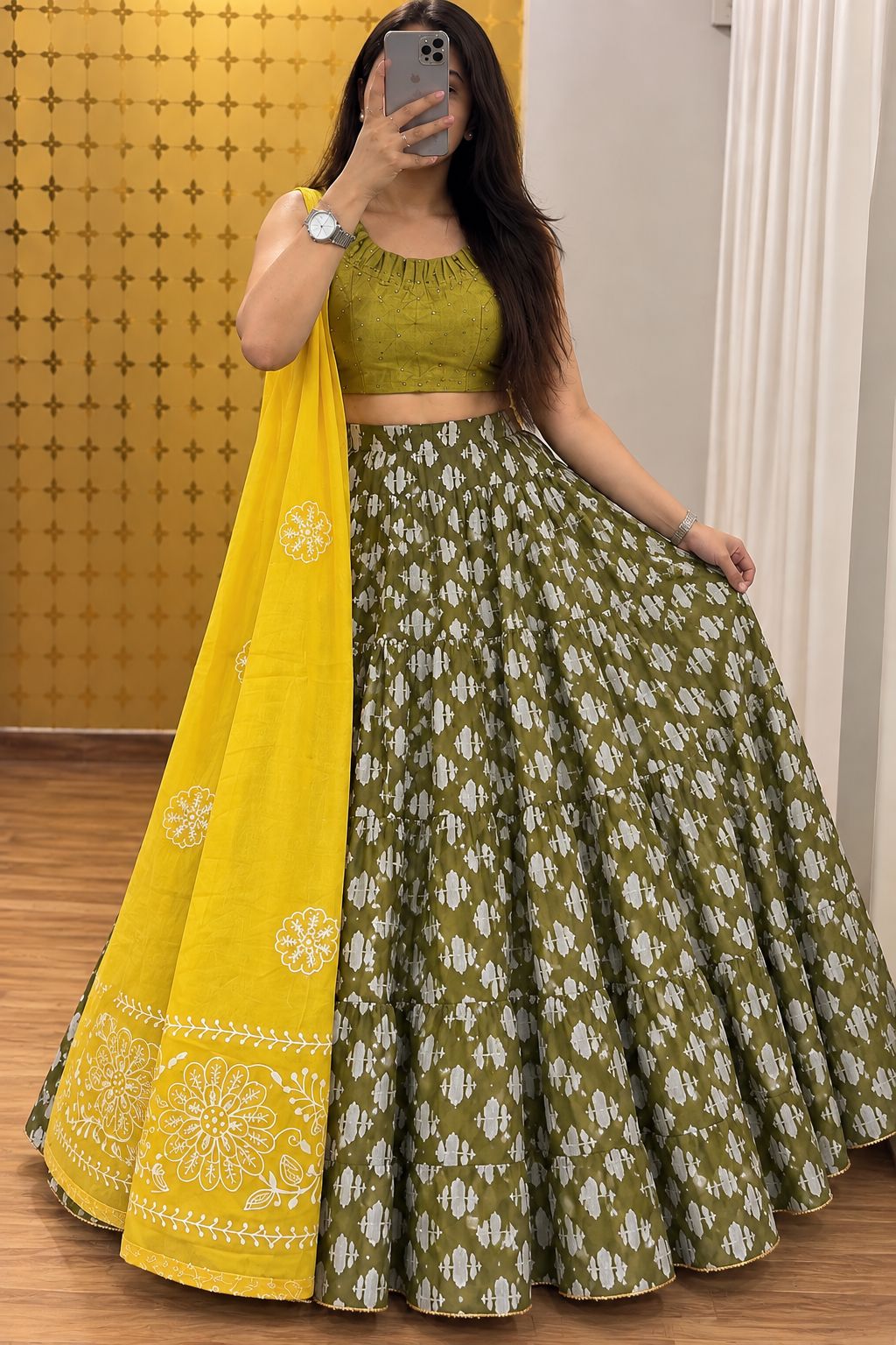 💚 Olive Green Printed Chaniya Choli-FREE SIZE